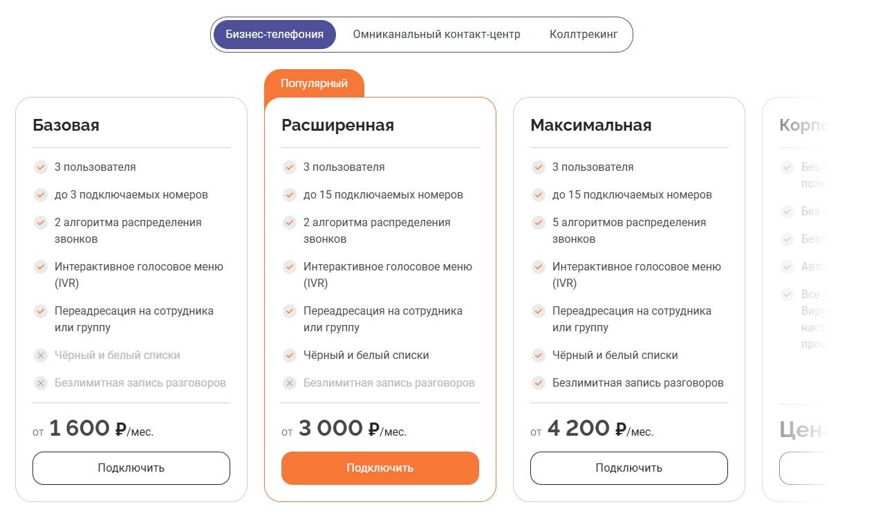 Пример оформления прайса на сайте mango-office.ru