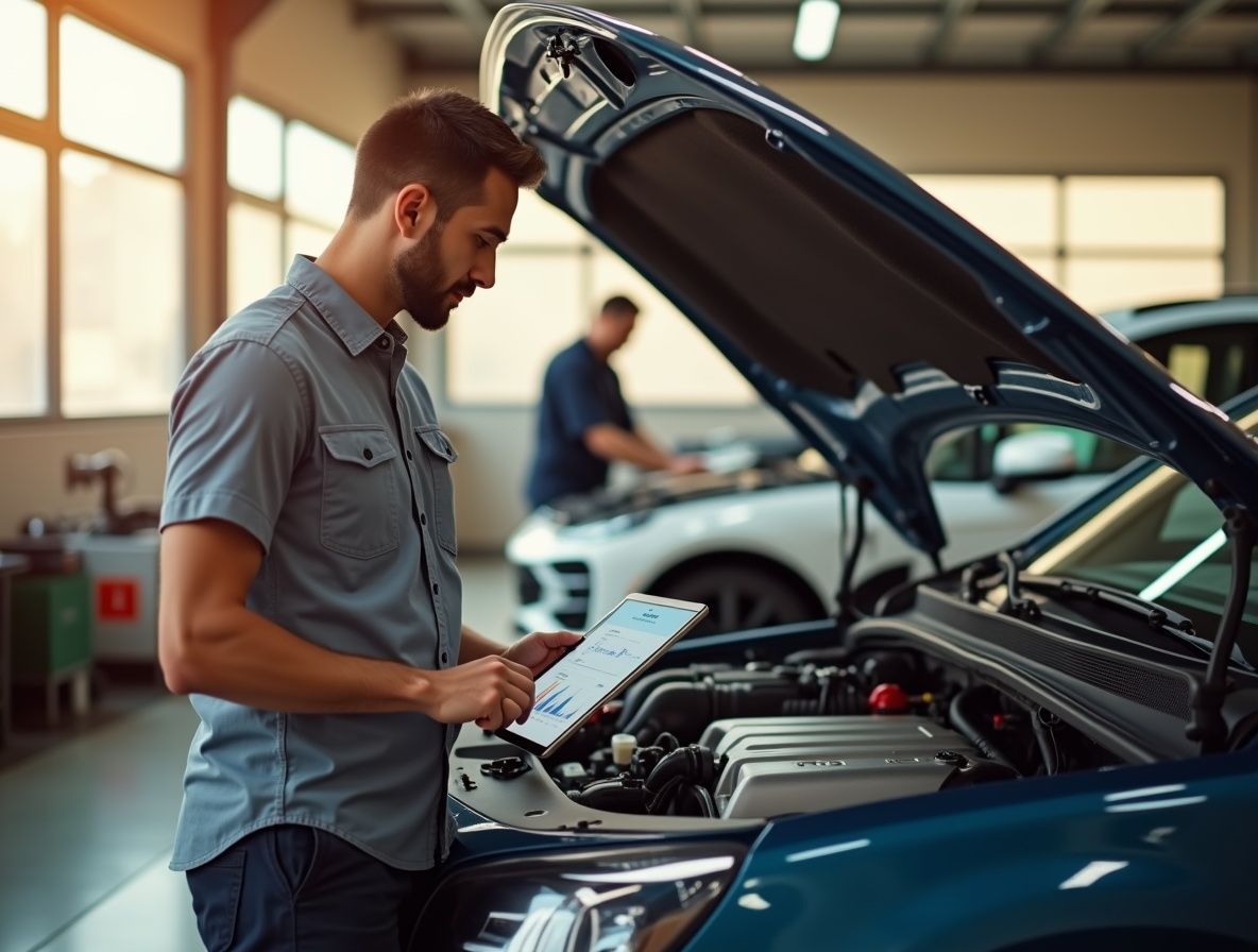 Диагностика автомобиля с помощью планшета — метафора проверки качества интернет-канала: инженер использует инструменты для анализа скорости и стабильности соединения.