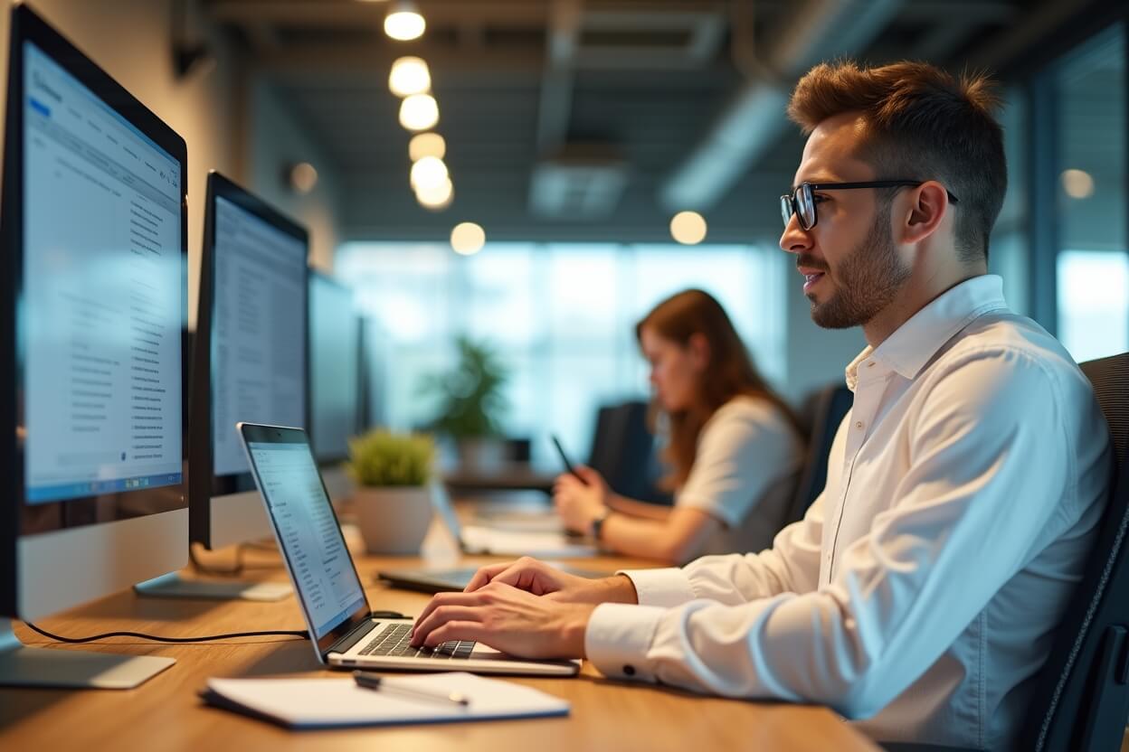 Маркетолог работает в офисе над email-кампанией холодных писем