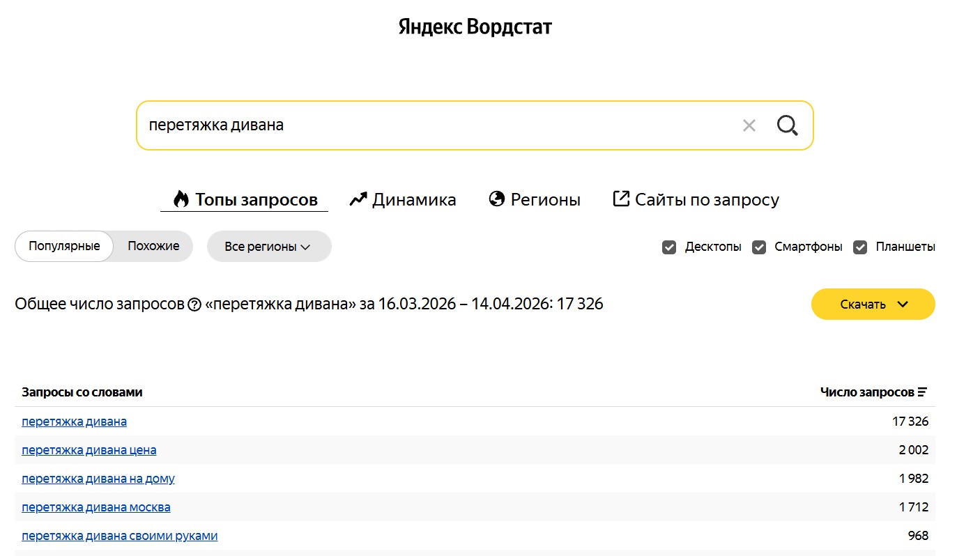 Вордстат — инструмент, который показывает статистику поисковых запросов к Яндексу. С его помощью можно посмотреть, как менялась популярность запросов и как она отличается в разных регионах России, а также узнать, что ещё люди искали на ту же тему.