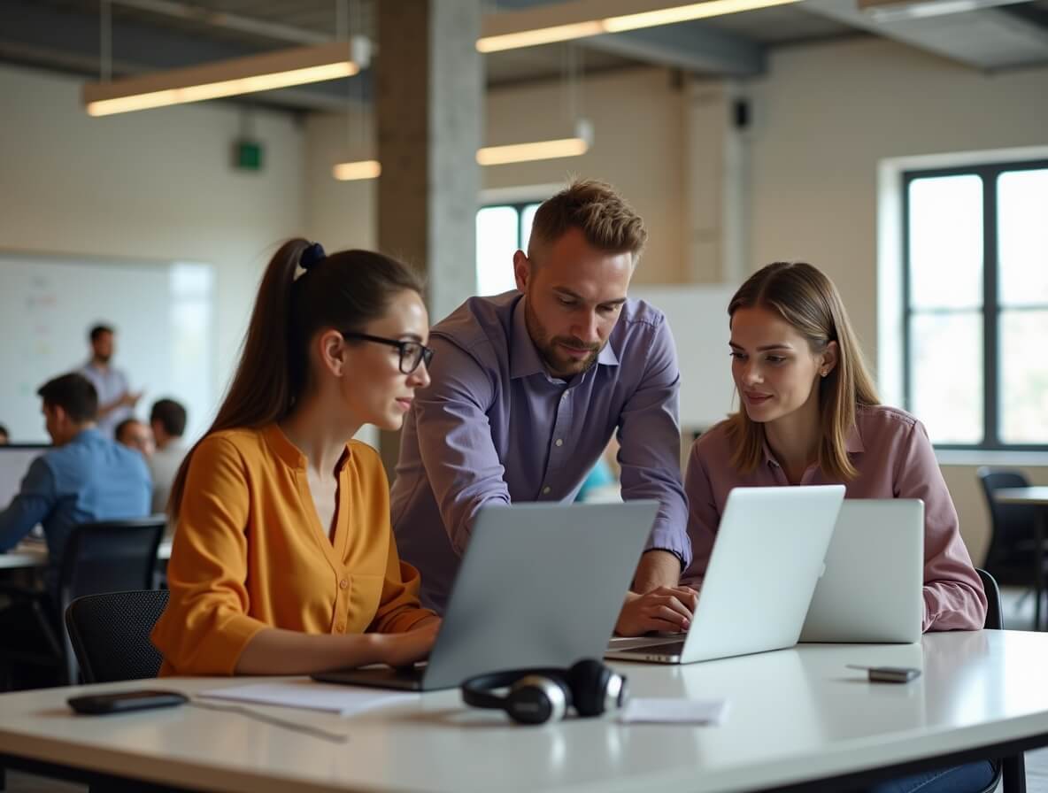 Команда сотрудников работает с системой автоматизации работы с персоналом: на экранах — графики, задачи, аналитика — символ эффективного управления персоналом