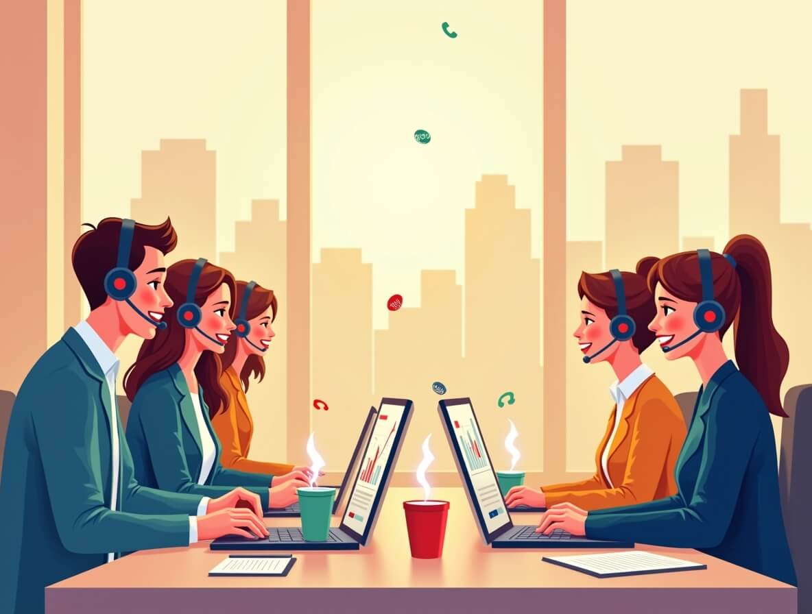 Довольные операторы колл-центра ведут успешные холодные продажи по телефону. Эмоции и технологии в работе современного колл-центра.