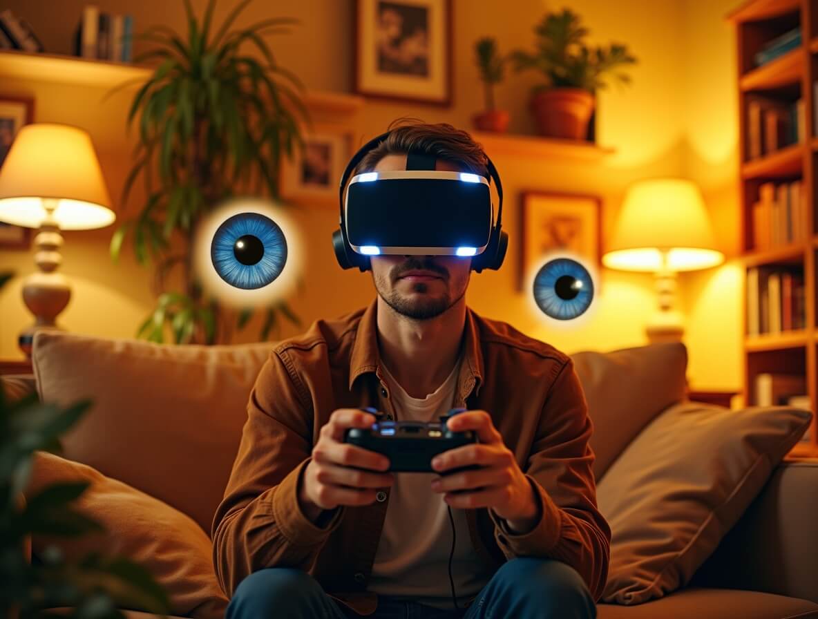 Игрок в VR-гарнитуре получает обратную связь, демонстрирует применение геймификации в маркетинговых стратегиях