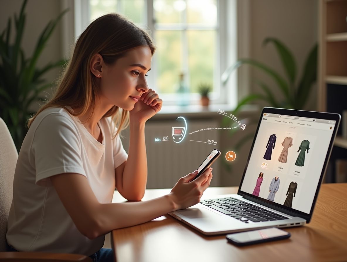 Женщина анализирует продажи на сайте: на экране — графики конверсии, CTR, стикеры с рекомендациями — символ эффективной оптимизации для роста продаж