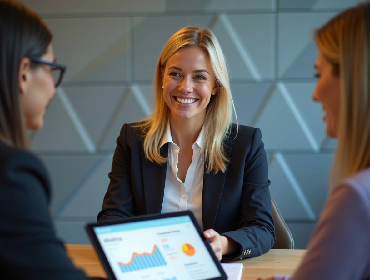 Женщина проводит собеседование: на экране планшета — интерфейс автоматизации подбора кадров с AI-оценкой — символ эффективного HR-процесса