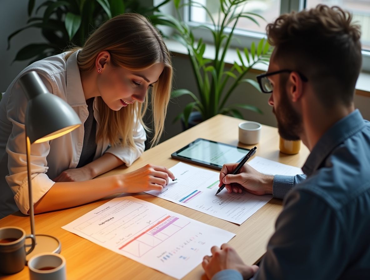 Проектный менеджер и тим-лид работают над стратегическим планом: на столе — дорожная карта, OKR, сроки — символ осознанного и эффективного планирования для бизнеса.